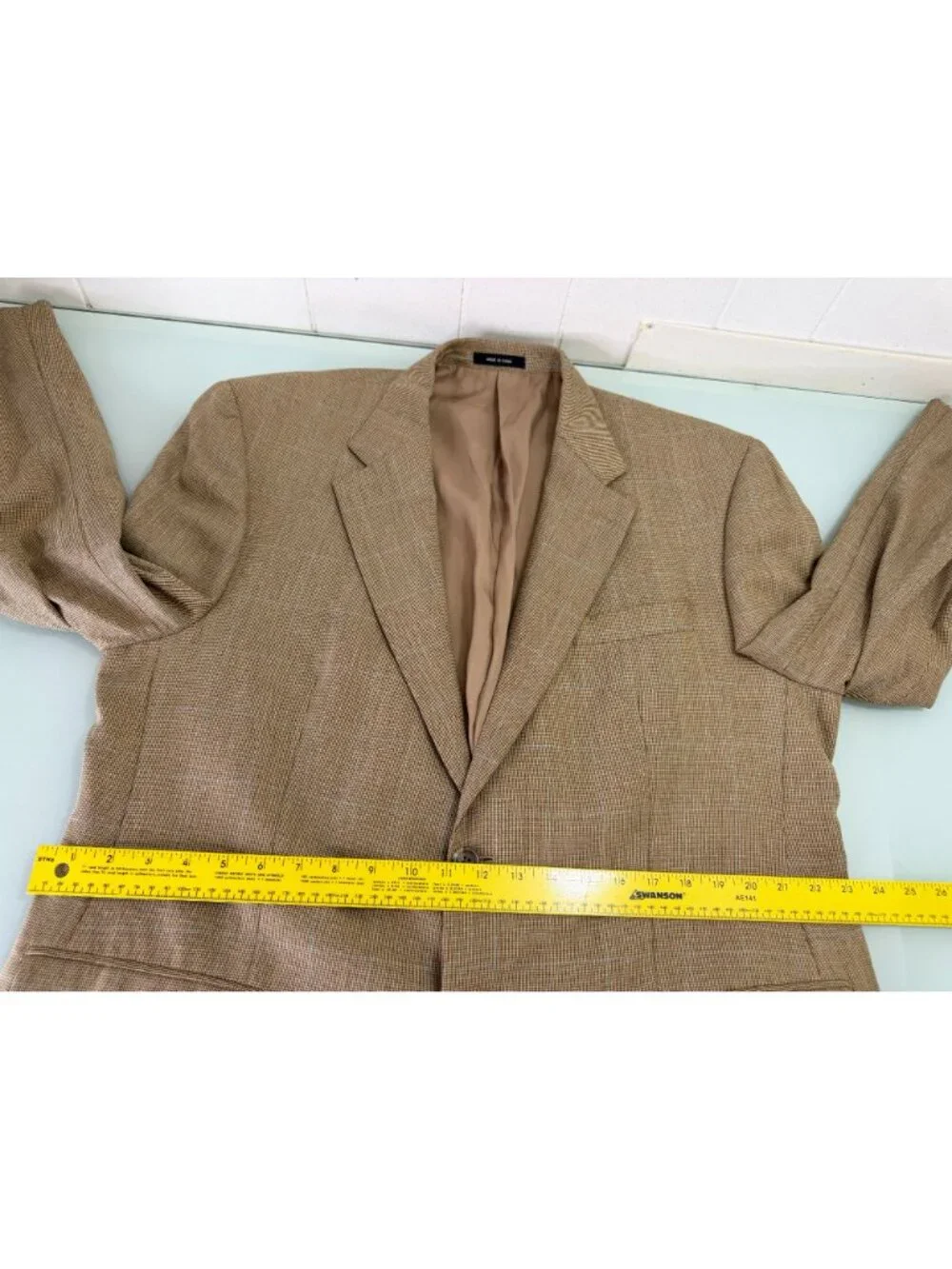 Lauren Ralph Lauren Blazer Jacket Mens 44R Silk Wool Windowpane Beige Sport Coat